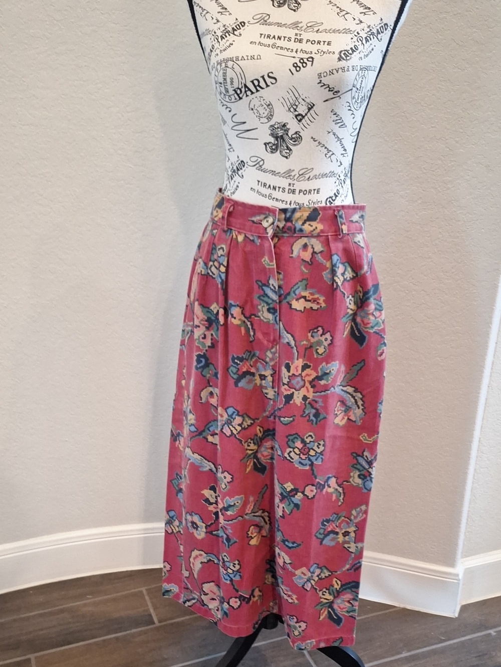 Vintage 90's Willowbend Pleated Cotton Denim Floral Midi Skirt Size 12 Prairie